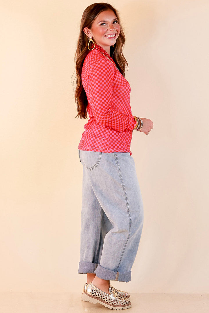 The Perfect Layer Checkered Print Sheer Mesh Long Sleeve Top in Red and Pink