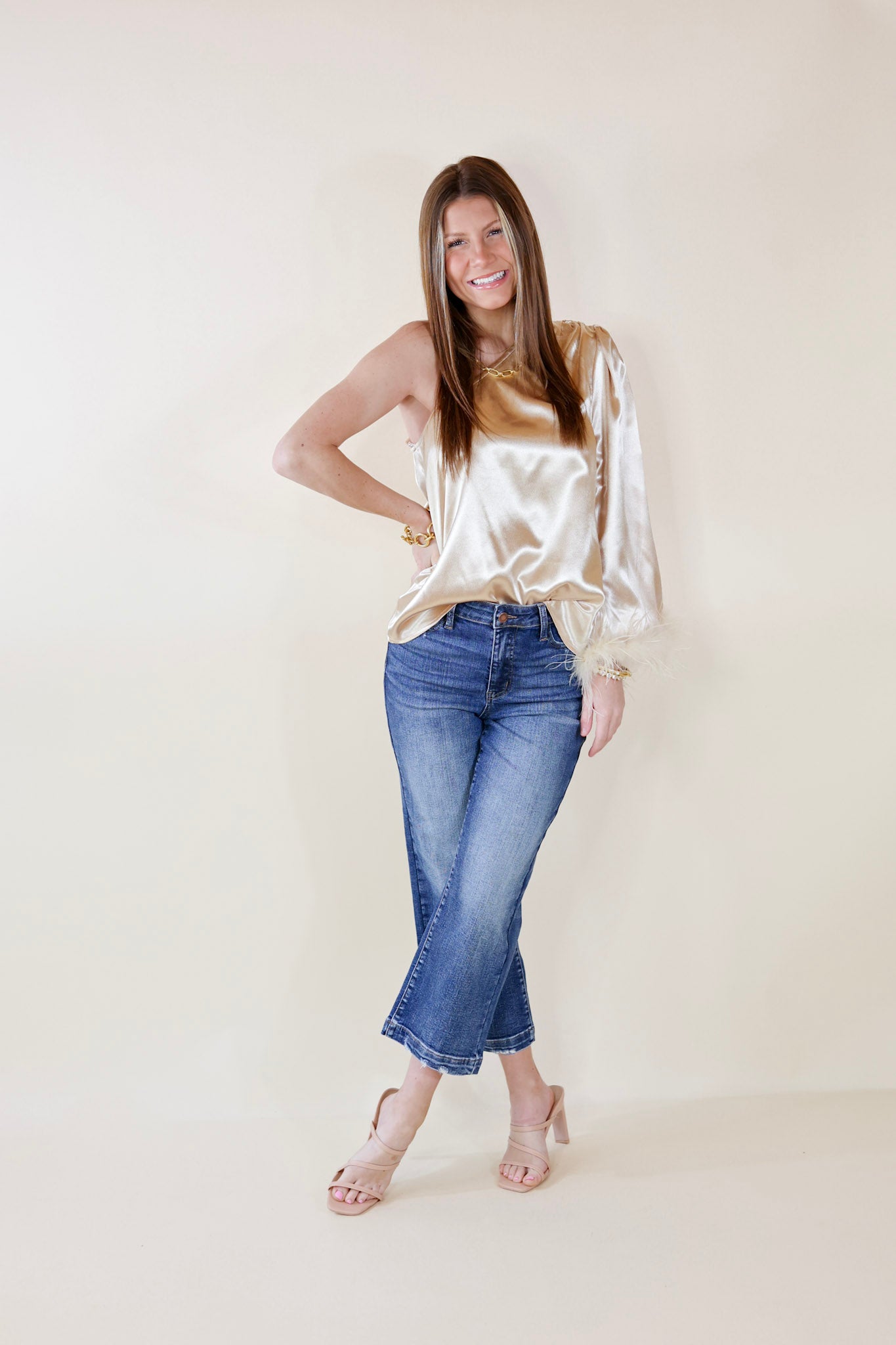Full On Fashionista One Shoulder Satin Blouse with Feather Trim in Champagne - Giddy Up Glamour Boutique