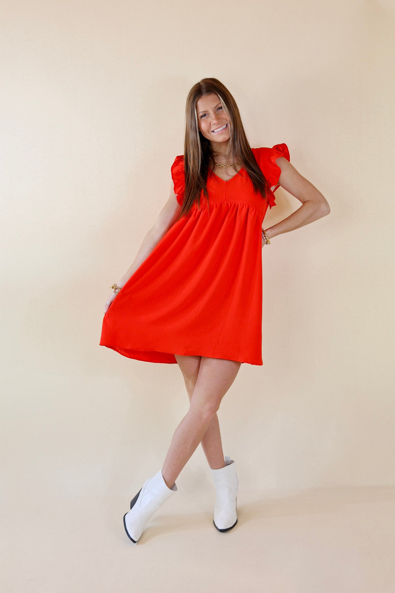 Capture Your Attention V Neck Dress with Ruffle Cap Sleeves in Red - Giddy Up Glamour Boutique