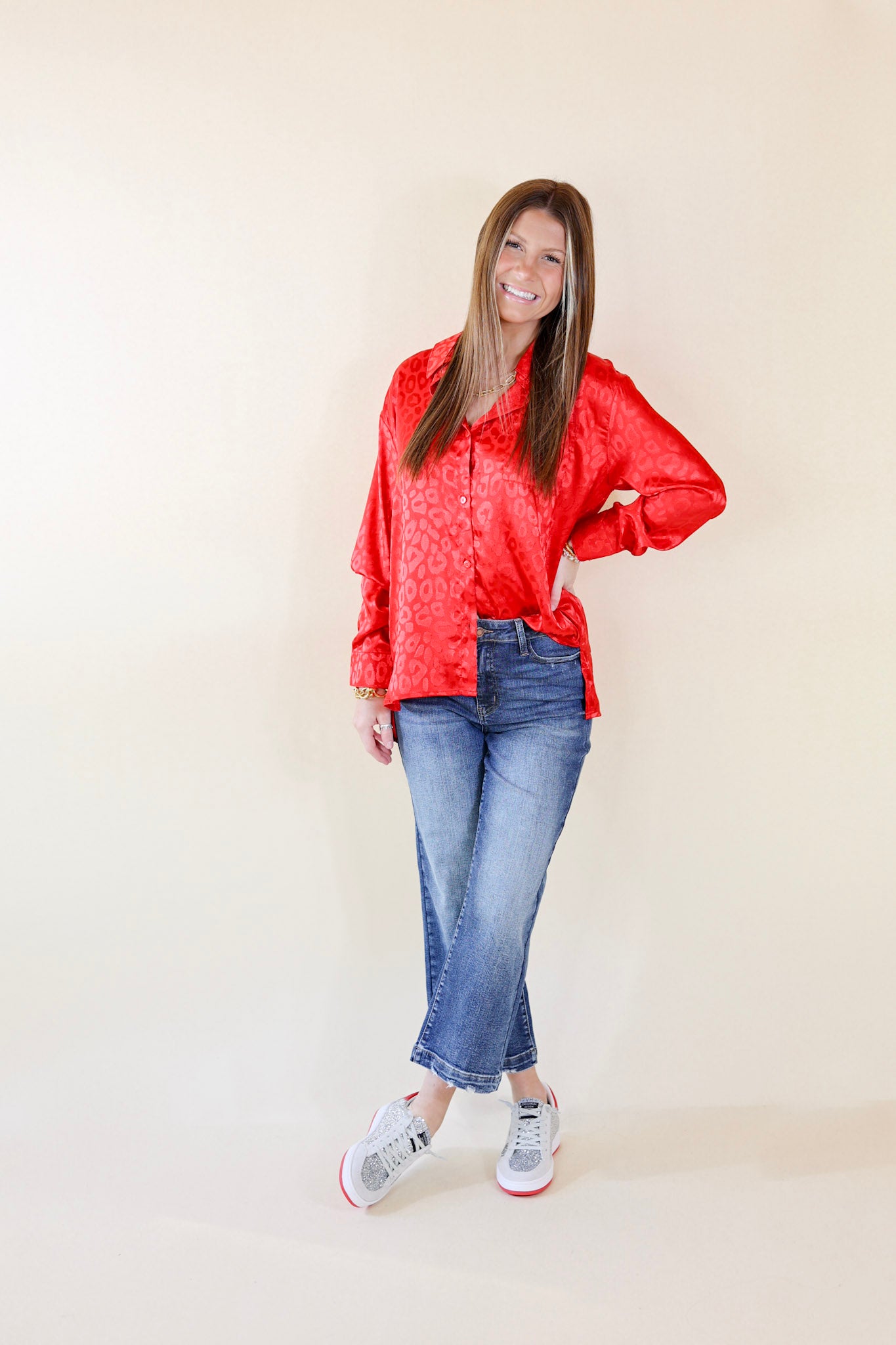 Top It Off Long Sleeve Button Up Satin Leopard Top in Red - Giddy Up Glamour Boutique