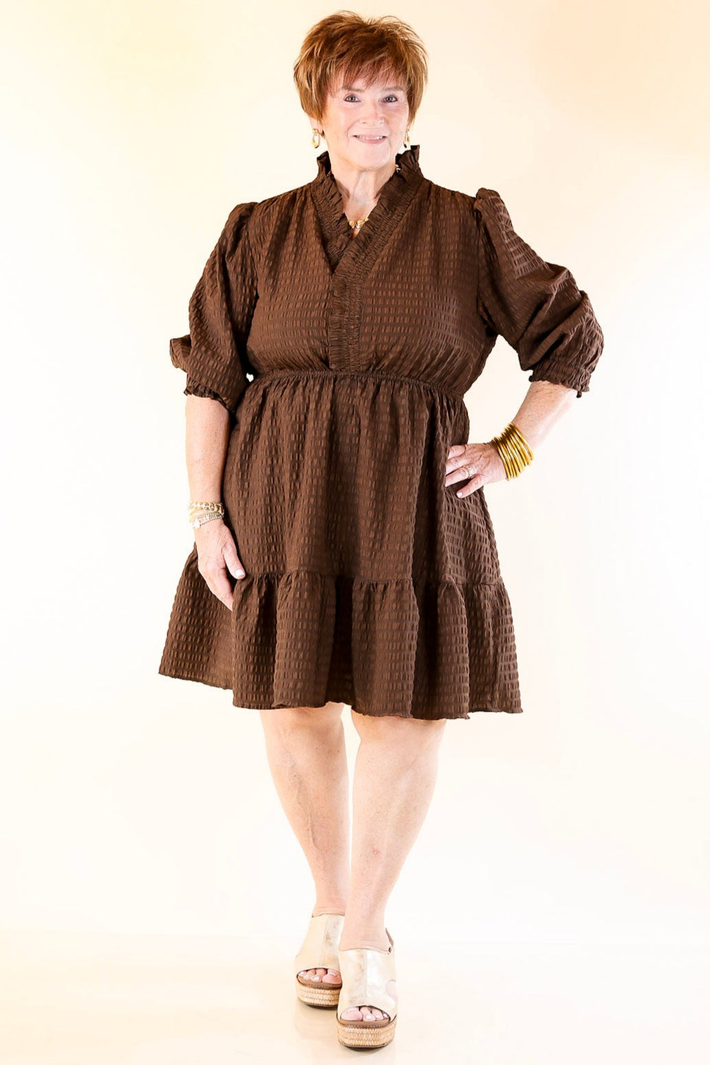 Call Me Captivating Dress with Smocked Waist and Long Sleeves Sleeves in Chocolate Brown