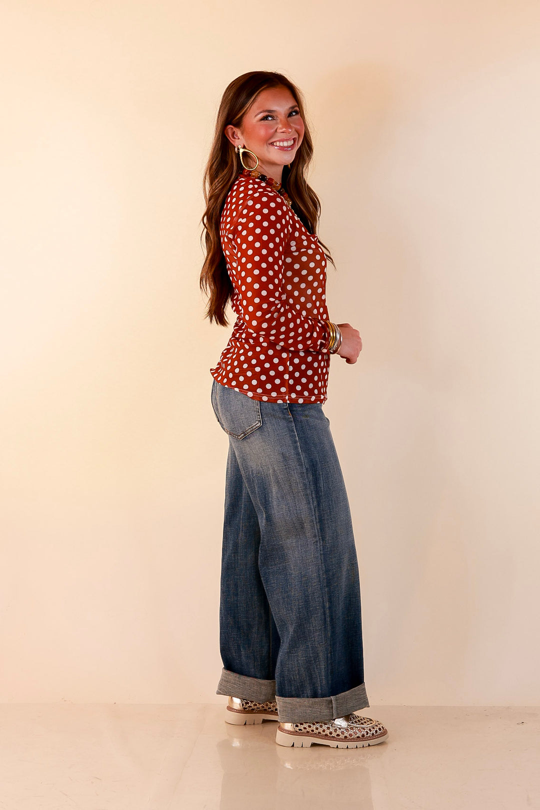 The Perfect Layer White Polka Dot Print Sheer Mesh Long Sleeve Top in Rust Orange