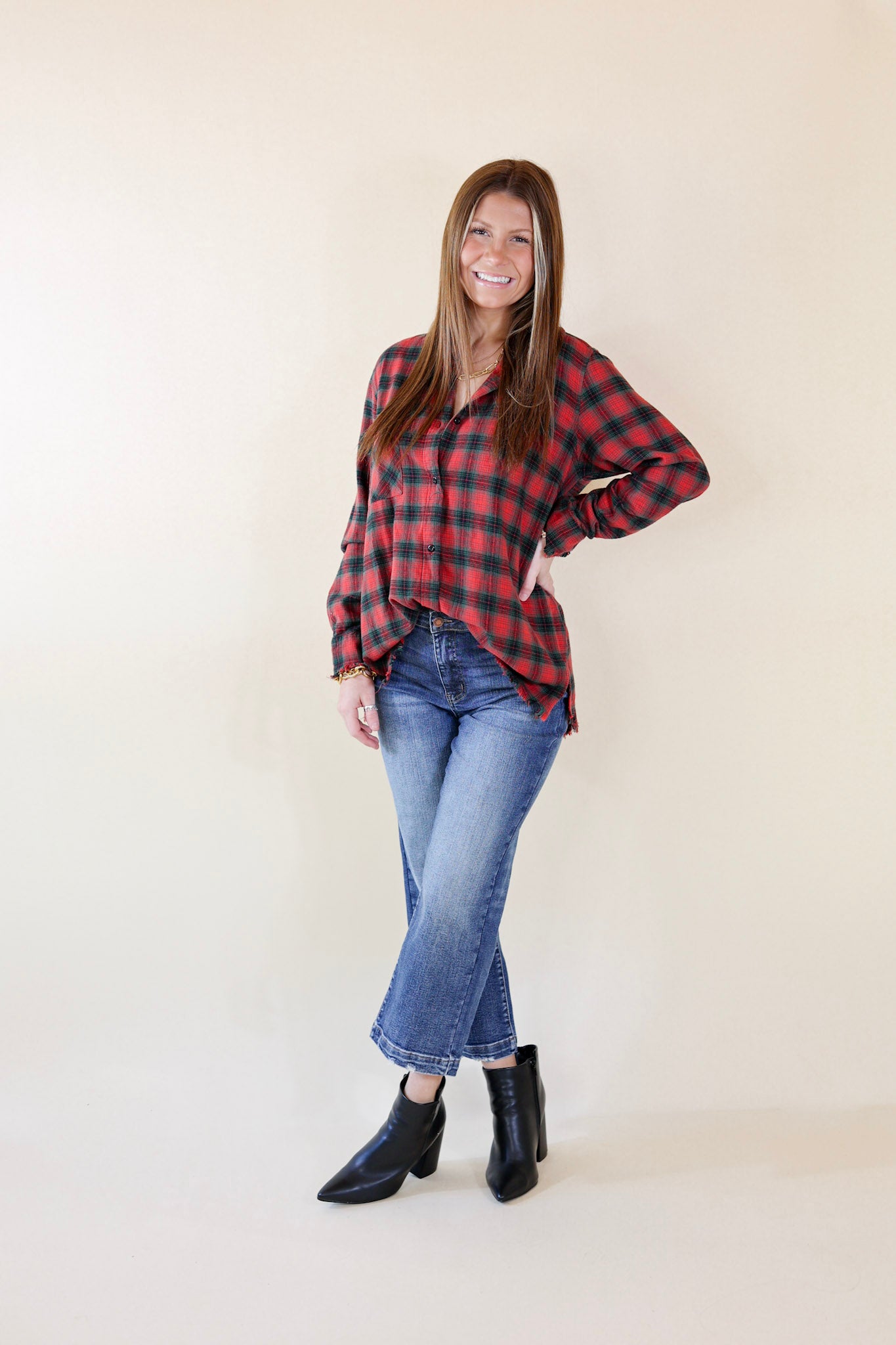 Coffee Run Button Up Plaid Flannel Top with Long Sleeves in Green and Red - Giddy Up Glamour Boutique