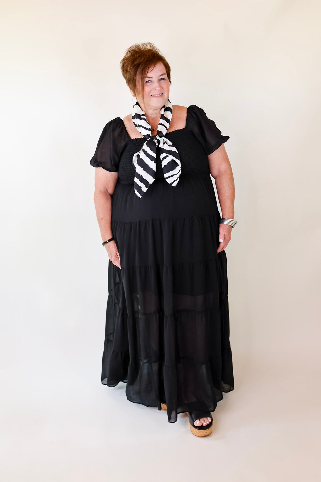 Honeysuckle Love Tiered Maxi Dress with Smocked Bodice in Black - Giddy Up Glamour Boutique