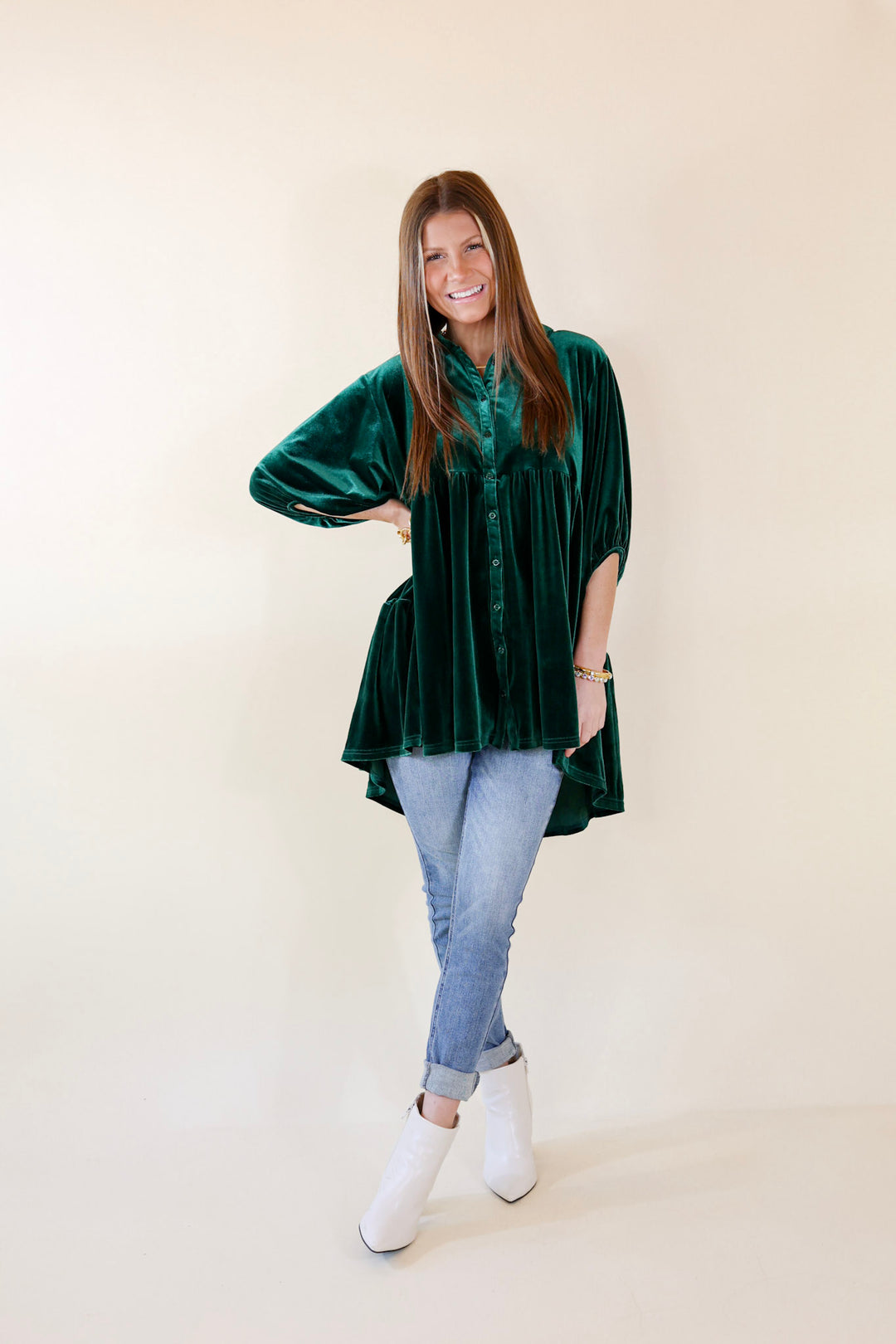 Love Link Button Up Velvet Half Sleeve Babydoll Tunic Top in Emerald Green - Giddy Up Glamour Boutique
