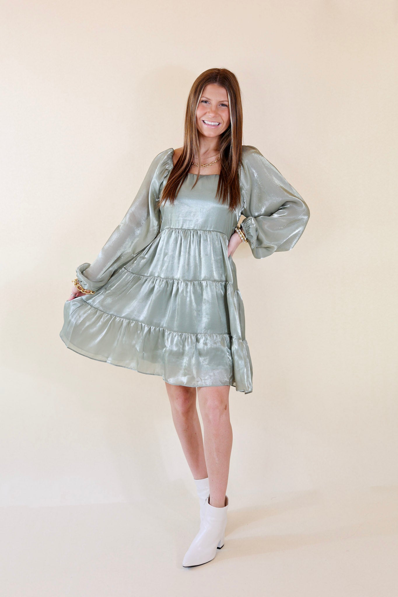 Look At Me Long Sleeve Dress in Sage Green - Giddy Up Glamour Boutique