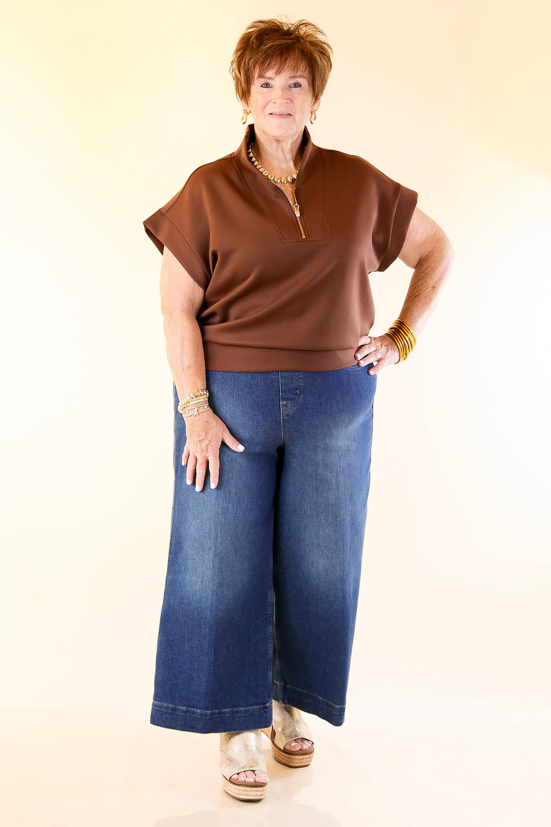 Top Priority Half Zip Collared Scuba Top in Chocolate Brown