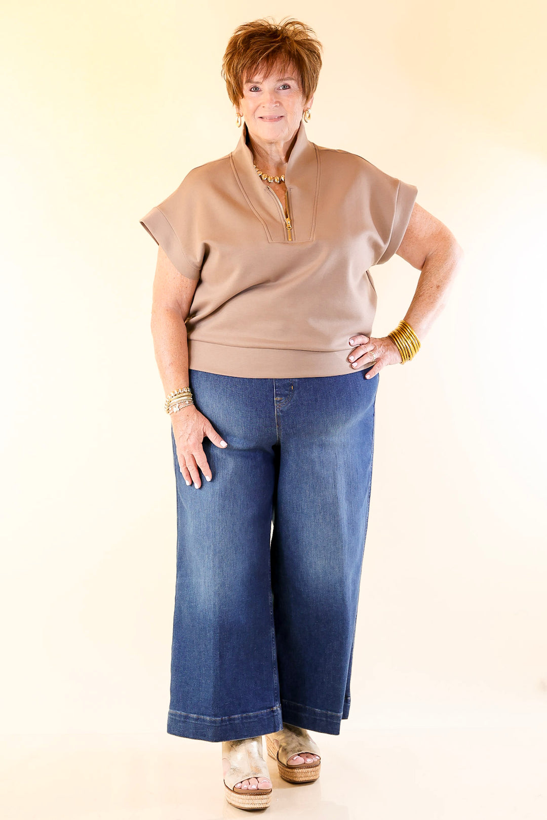 Top Priority Half Zip Collared Scuba Top in Light Taupe