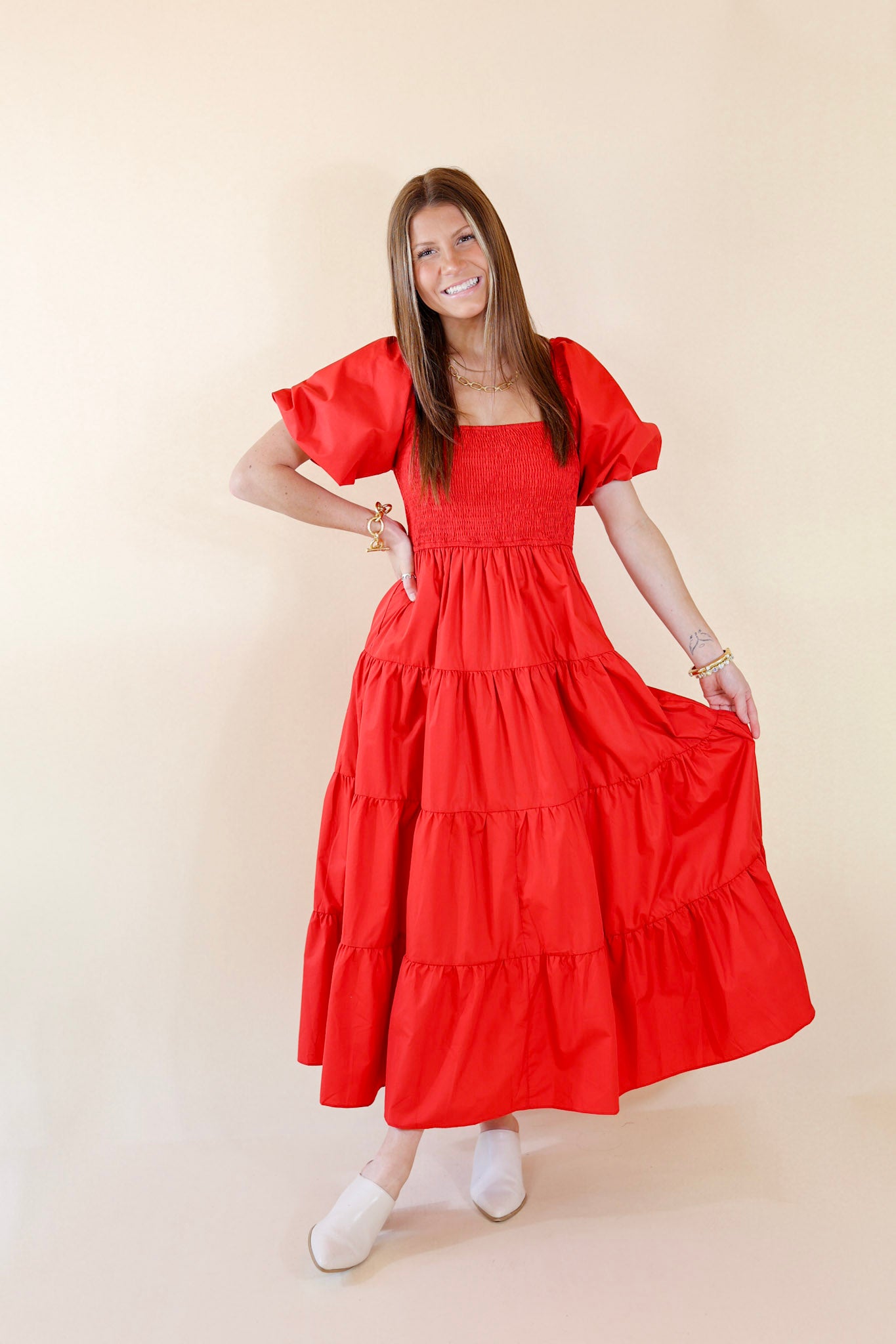 Santorini Sunshine Short Balloon Sleeve Maxi Dress in Red - Giddy Up Glamour Boutique