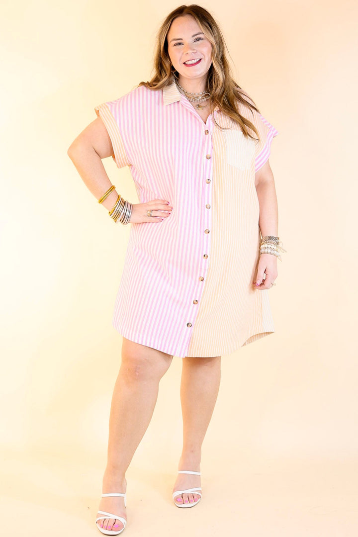 Seasonal Cruisin' Button Up Pinstripe Dress in Pink and Orange