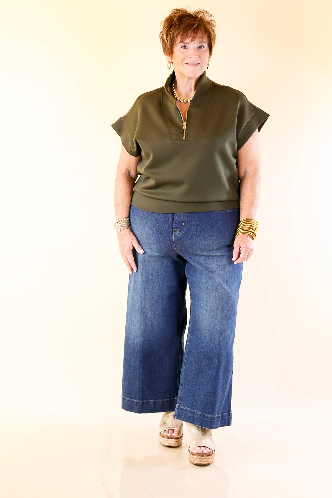 Top Priority Half Zip Collared Scuba Top in Olive Green