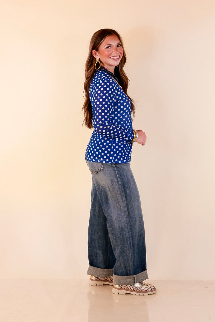 The Perfect Layer White Polka Dot Print Sheer Mesh Long Sleeve Top in Royal Blue