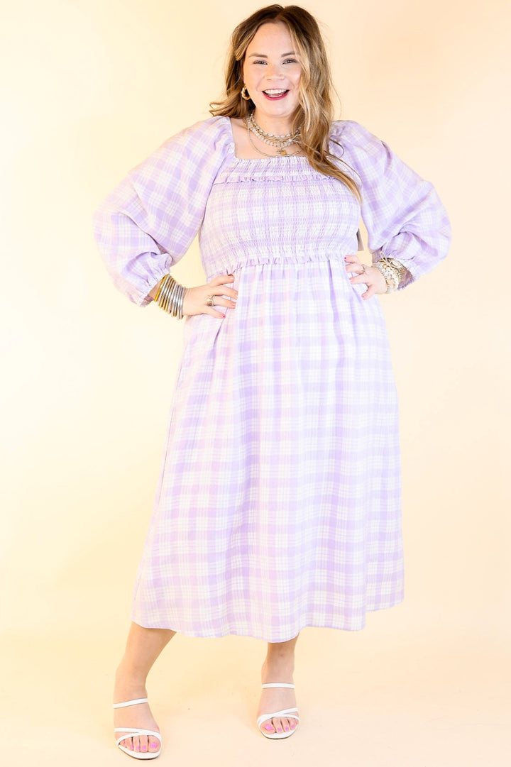 Adorable Impression Plaid Midi Dress with Smocked Bodice in Lavender Purple
