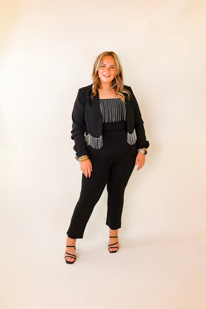 Time For Magic Cropped Blazer with Crystal Fringe Trim in Black - Giddy Up Glamour Boutique