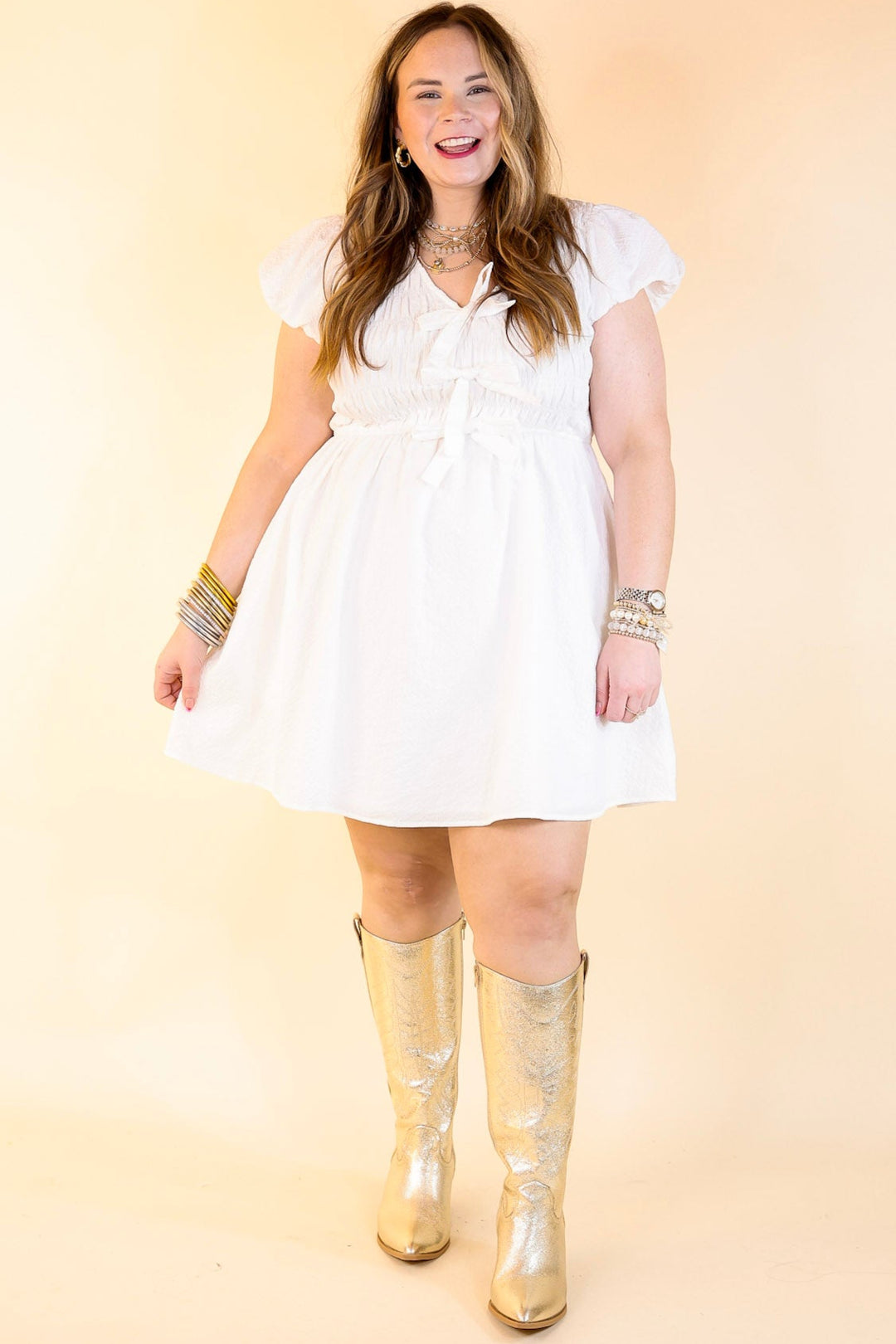 Last Chance Size Small | Darling Charm Cap Sleeve Dress with Bows in Off White