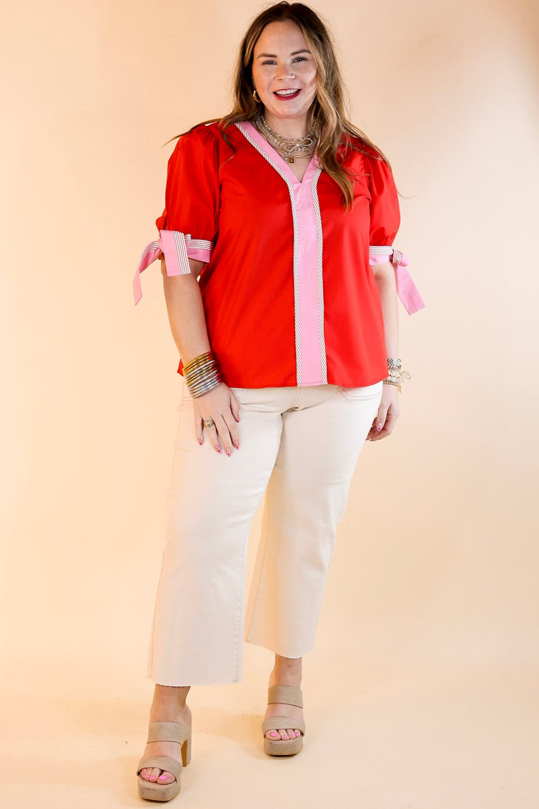 Last Chance Size Medium | Perfectly Poised V Neck Top with Short Balloon Sleeves with Bows in Red - ONLINE EXCLUSIVE