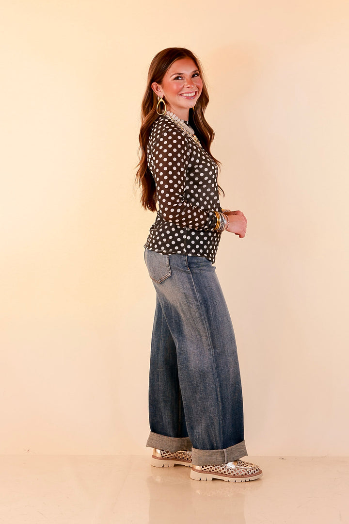 The Perfect Layer White Polka Dot Print Sheer Mesh Long Sleeve Top in Olive Green