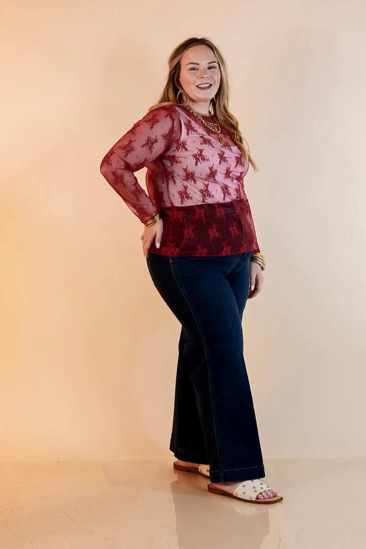 Delicate Charm Long Sleeve Sheer Lace Top with Mock Neck in Maroon