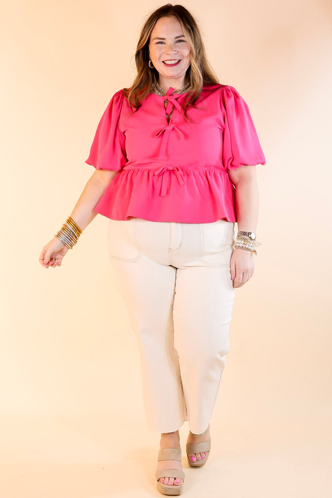 Simply Stunning Short Puff Sleeve Top with Bow Tie Detailing in Hot Pink