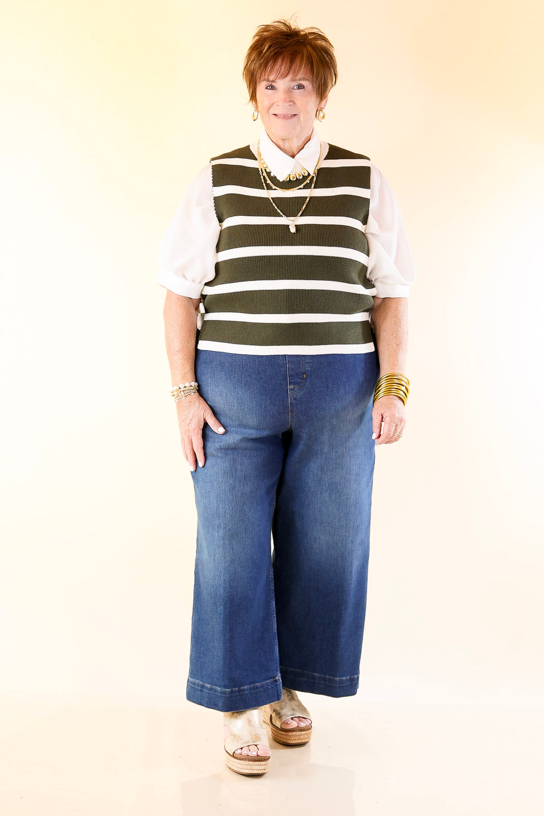 Tied Up in Style Knit Sweater with Side Ties in Olive Green with Off White Stripes