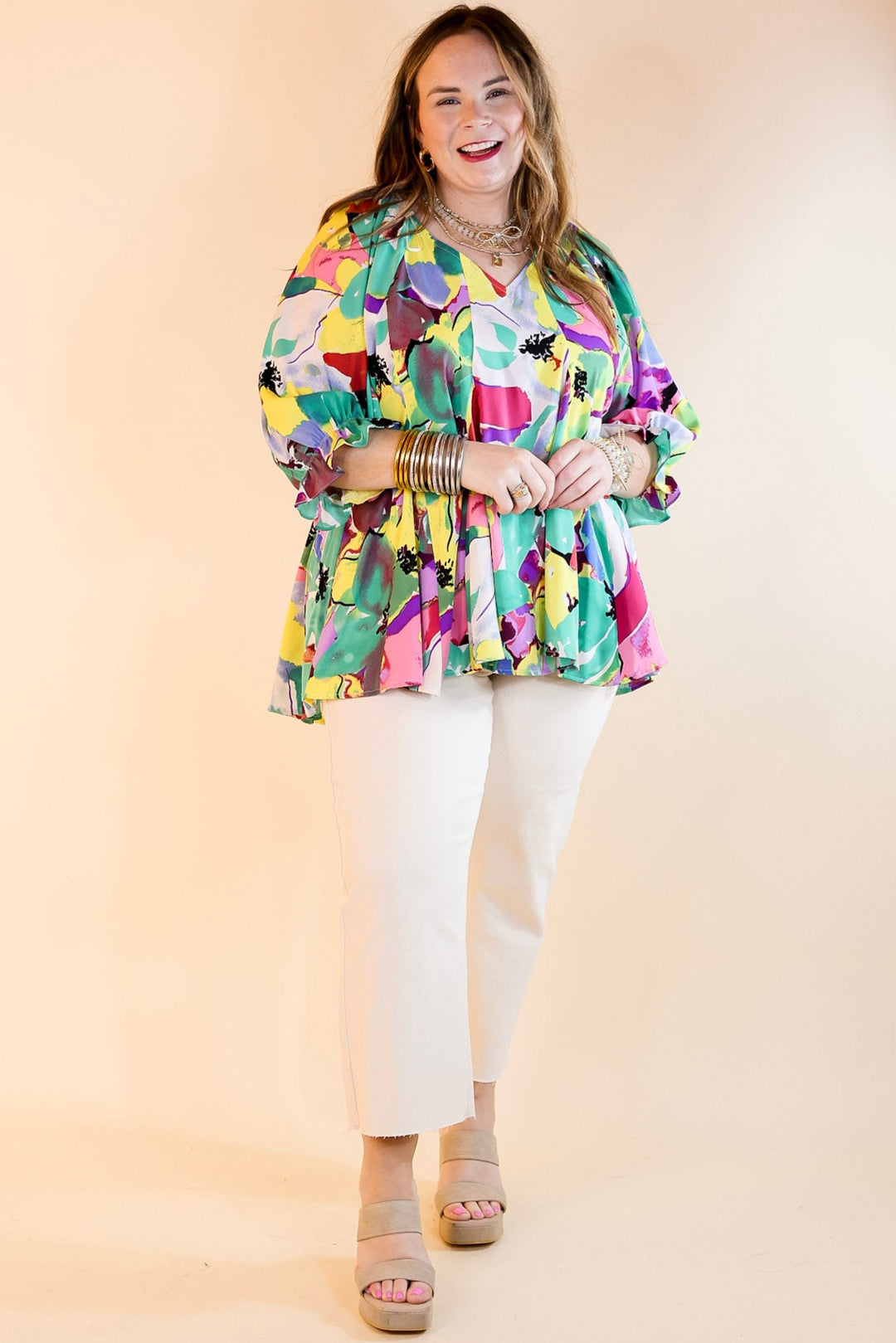 Blooming Love Floral V Neck Top with Half Sleeves in Green Mix