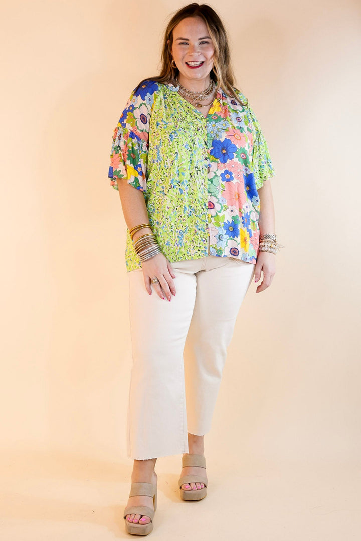 Double Time Abstract Print and Floral Print Top in Green and Blue