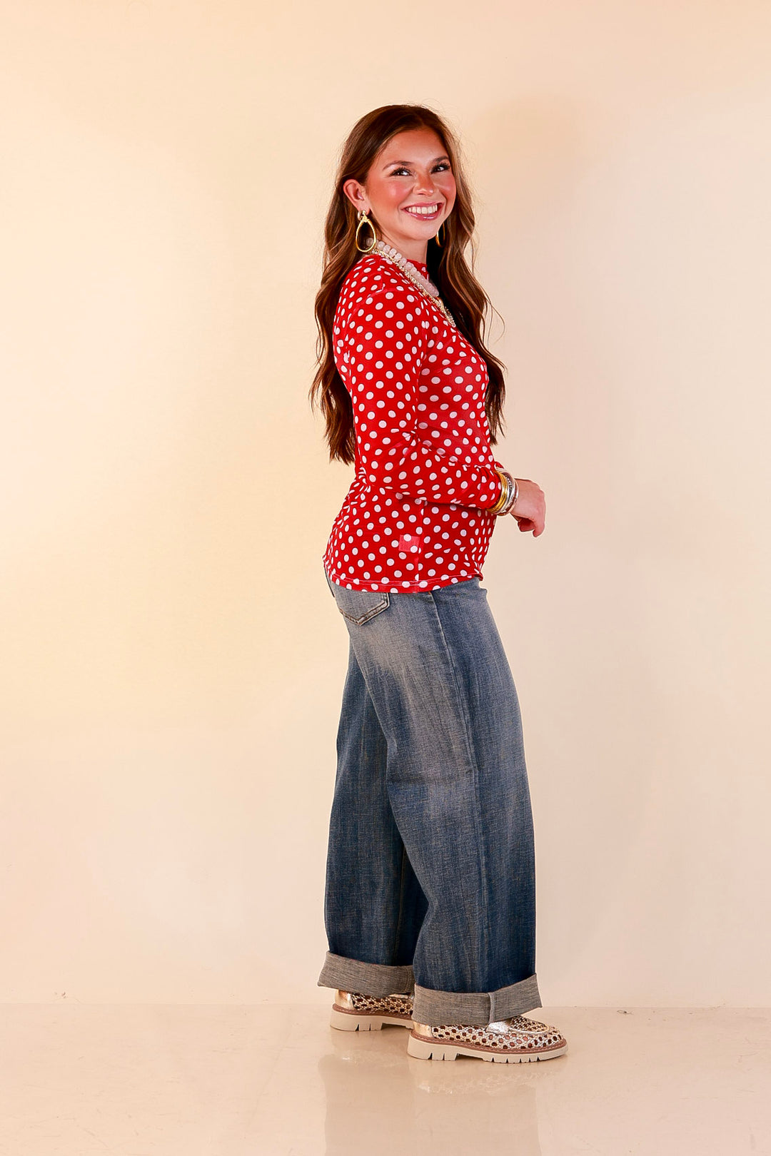 The Perfect Layer White Polka Dot Print Sheer Mesh Long Sleeve Top in Red