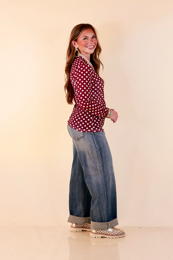 The Perfect Layer White Polka Dot Print Sheer Mesh Long Sleeve Top in Maroon