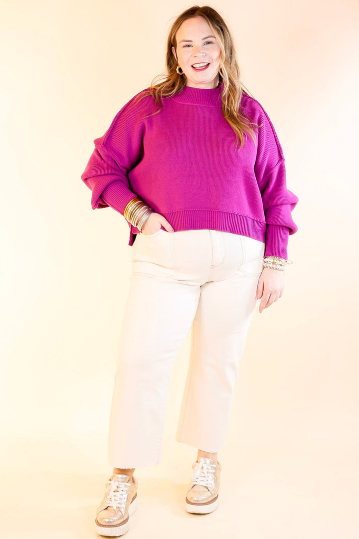 Fireside Fit Cropped Long Sleeve Mock Neck Sweater in Plum Purple