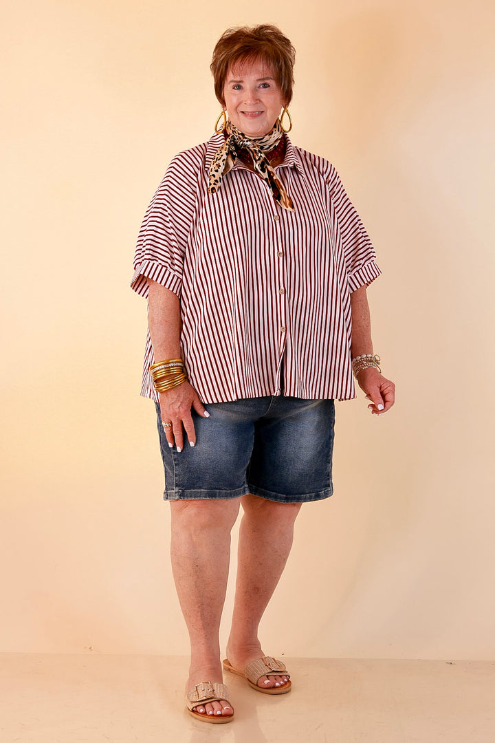Effortlessly Aligned Button Down Collared Top with Vertical Ivory Stripe Detail in Maroon