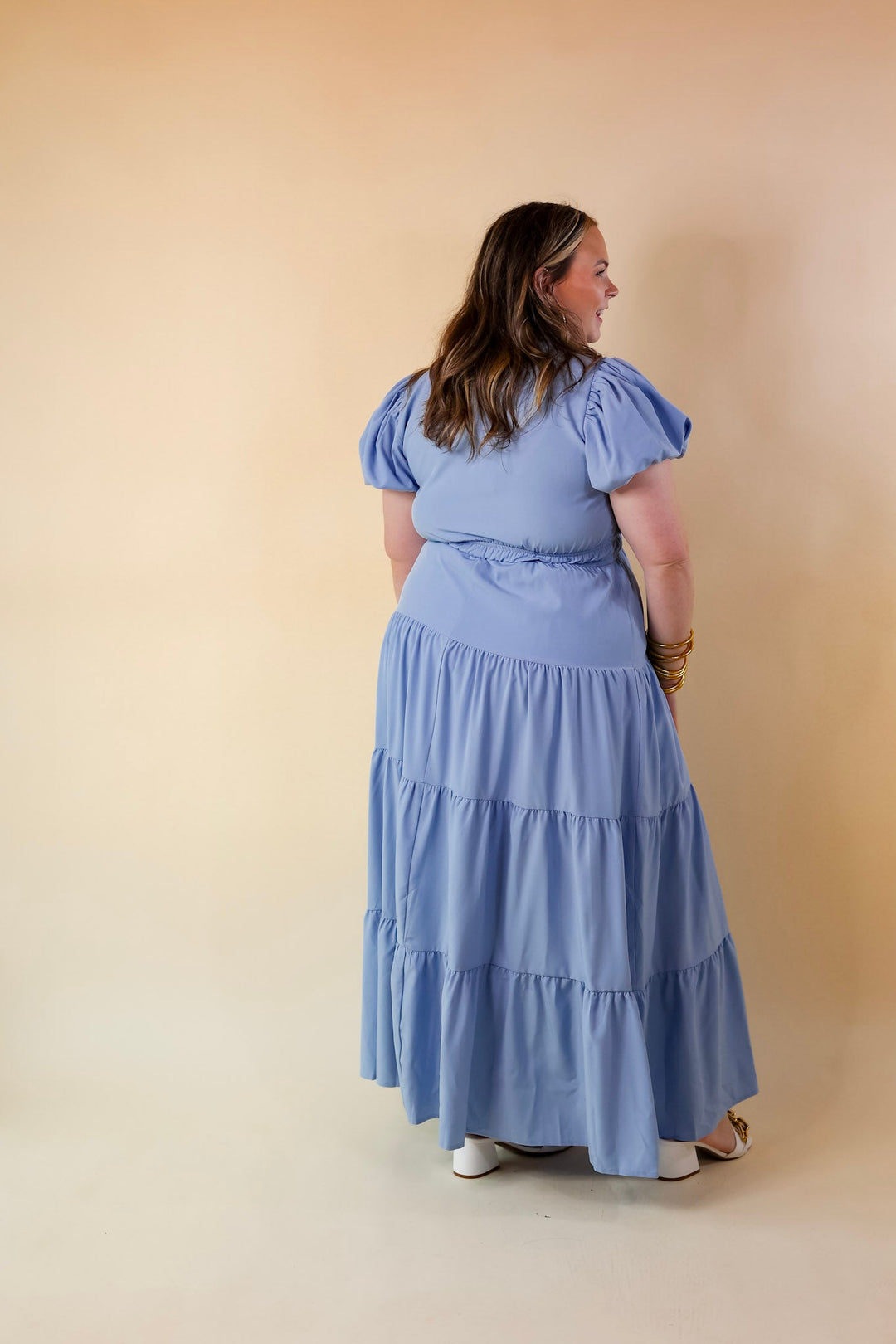 Table for Two Tiered Maxi Dress with Puff Sleeves in Chambray Blue - Giddy Up Glamour Boutique