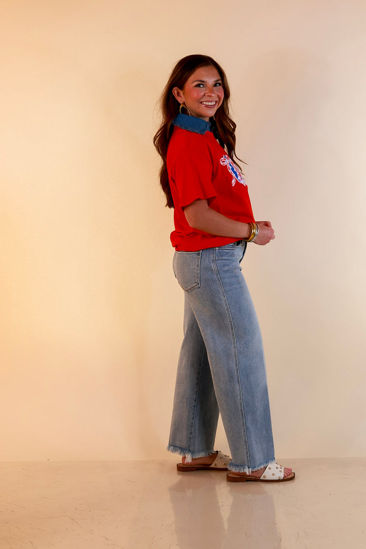 Sweet Land of Style USA Coquette Short Sleeve Graphic Tee with Bow Detailing in Red