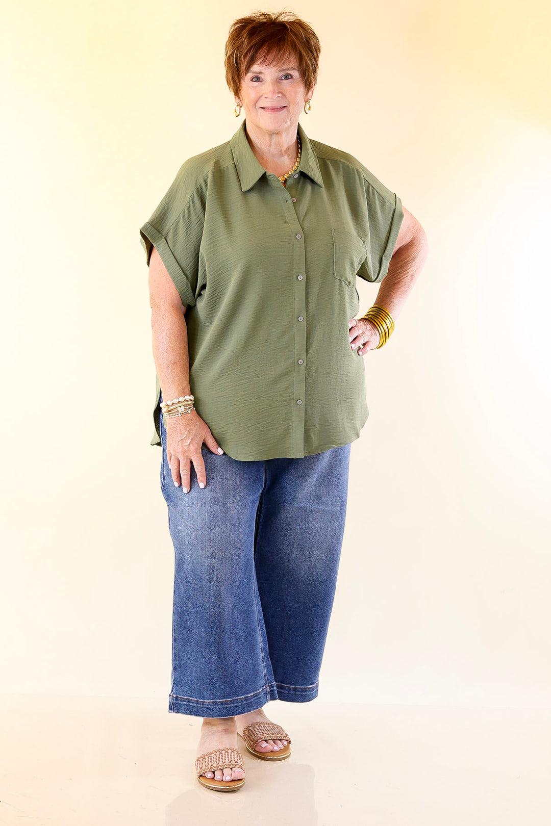 Timeless Appeal Collared Button Up Top in Olive Green