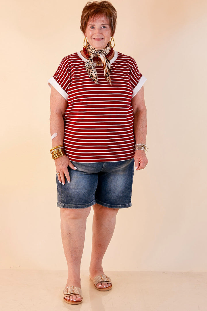 Right on Repeat Scoop Neck Cap Sleeve with Contrast Trim Striped Tee Top in Maroon