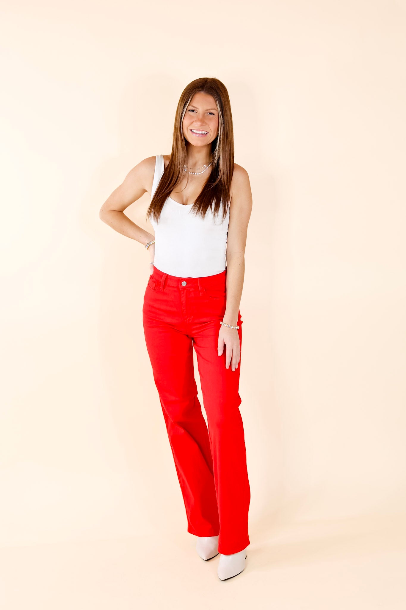 Judy Blue | For The Record Garment Dyed 90's Straight Leg Jeans in Red - Giddy Up Glamour Boutique