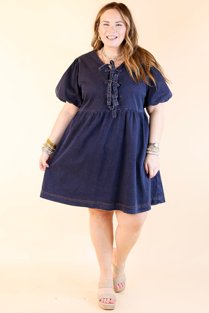 Timeless Trend Short Sleeve Denim Dress with Bows in Medium Wash