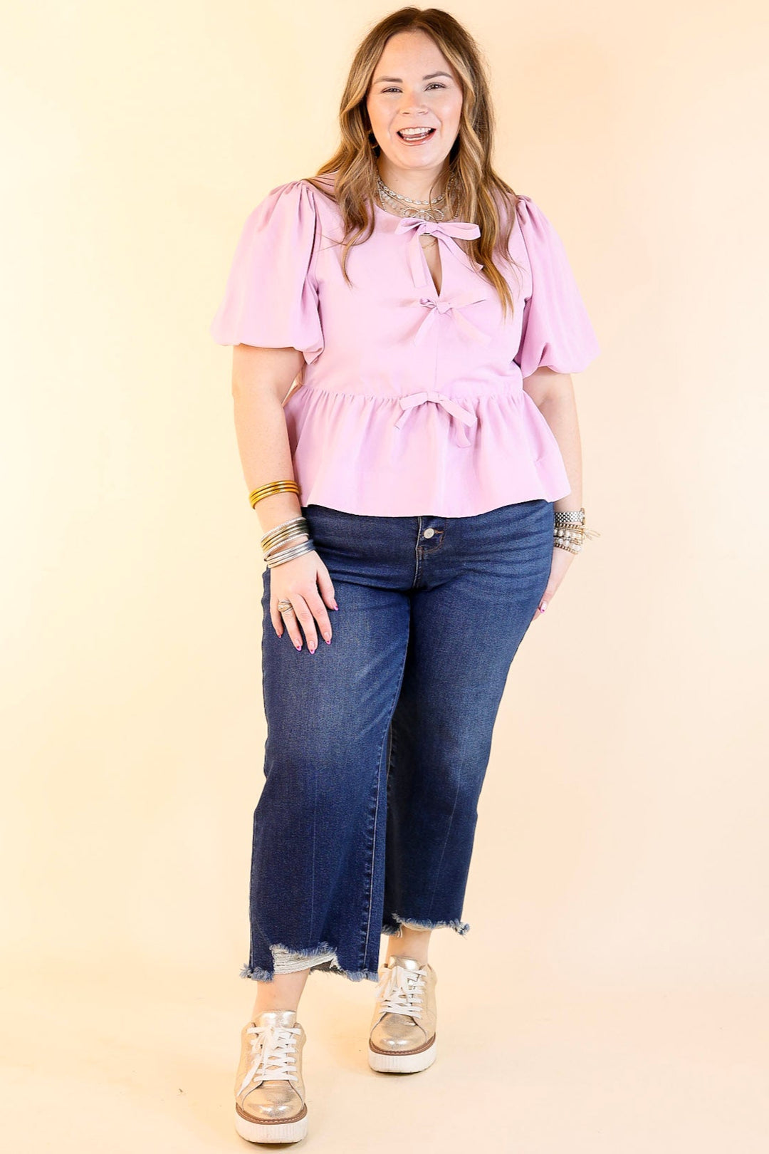 Simply Stunning Short Puff Sleeve Top with Bow Tie Detailing in Baby Pink