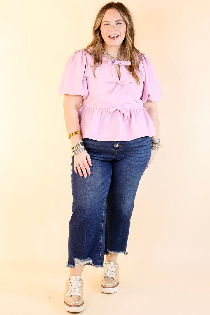 Simply Stunning Short Puff Sleeve Top with Bow Tie Detailing in Baby Pink
