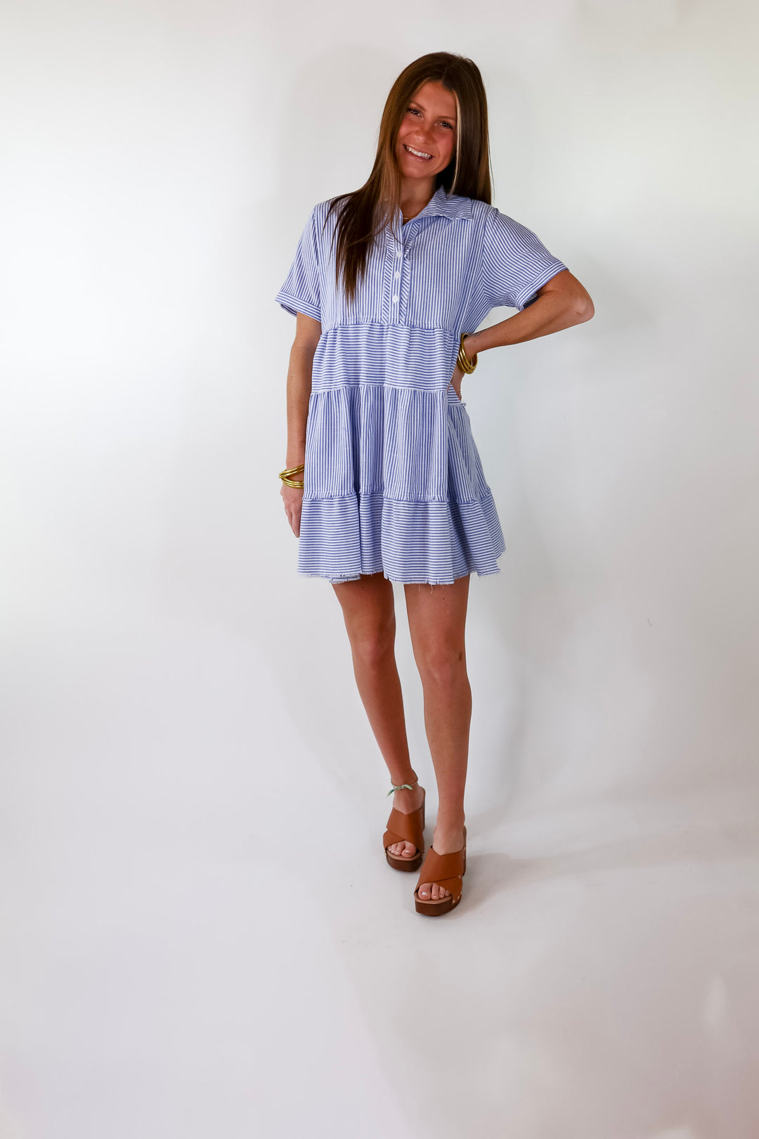 Casual Greetings Collared Pinstripe Dress in Blue and White - Giddy Up Glamour Boutique