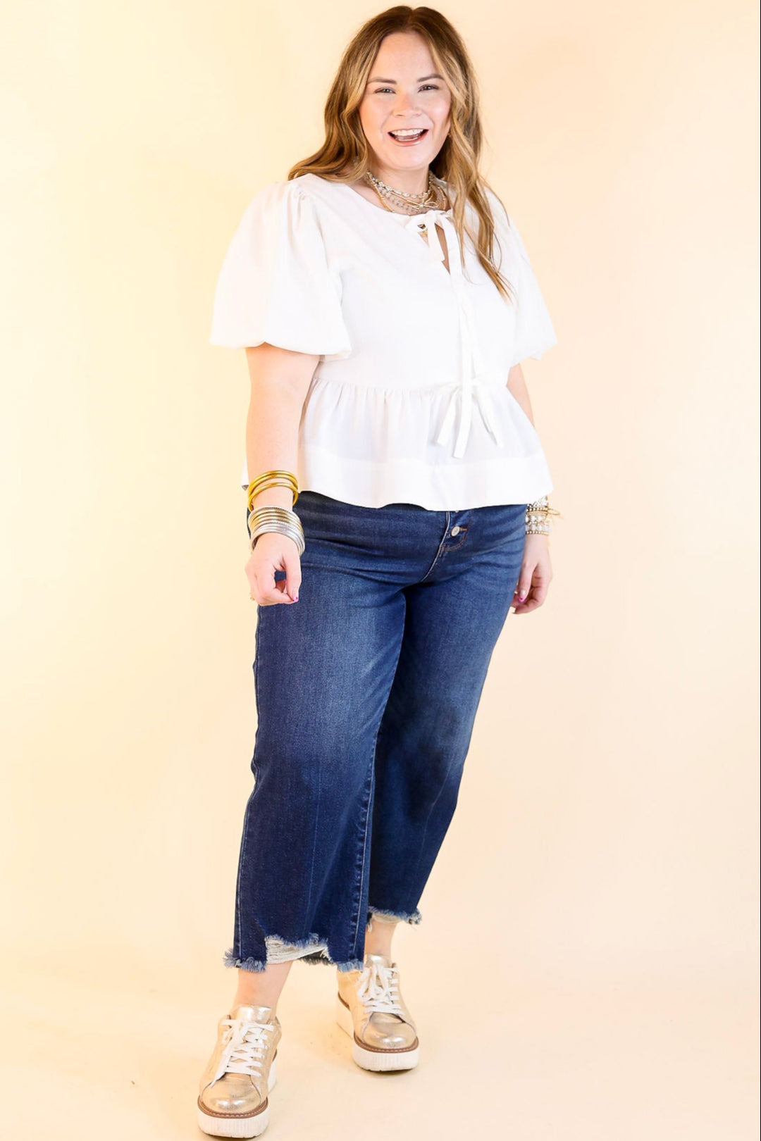 Simply Stunning Short Puff Sleeve Top with Bow Tie Detailing in Off White