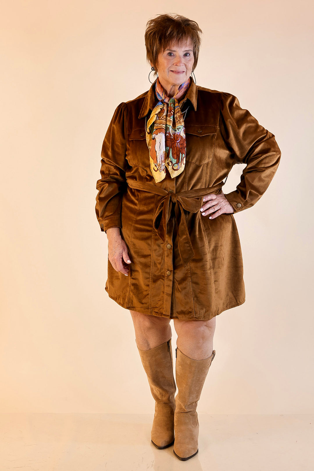 Free And Flirty Suede Button Up Dress with Waist Tie in Camel Brown