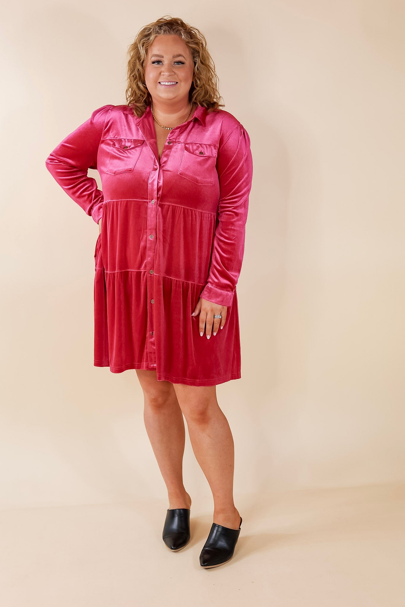 Grateful Gathering Velvet Button Up Dress with Long Sleeves in Raspberry Pink - Giddy Up Glamour Boutique