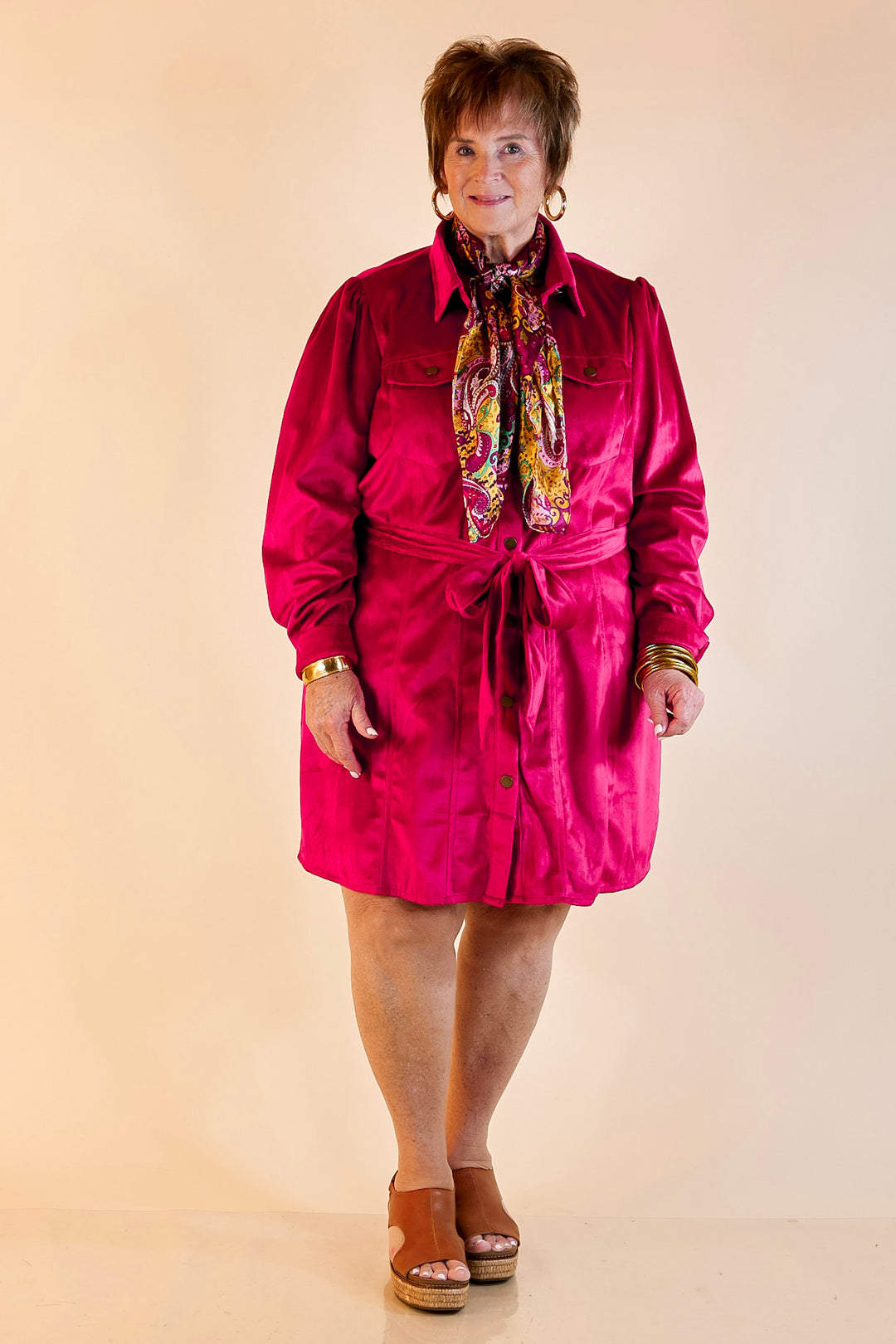 Free And Flirty Suede Button Up Dress with Waist Tie in Fuchsia Pink