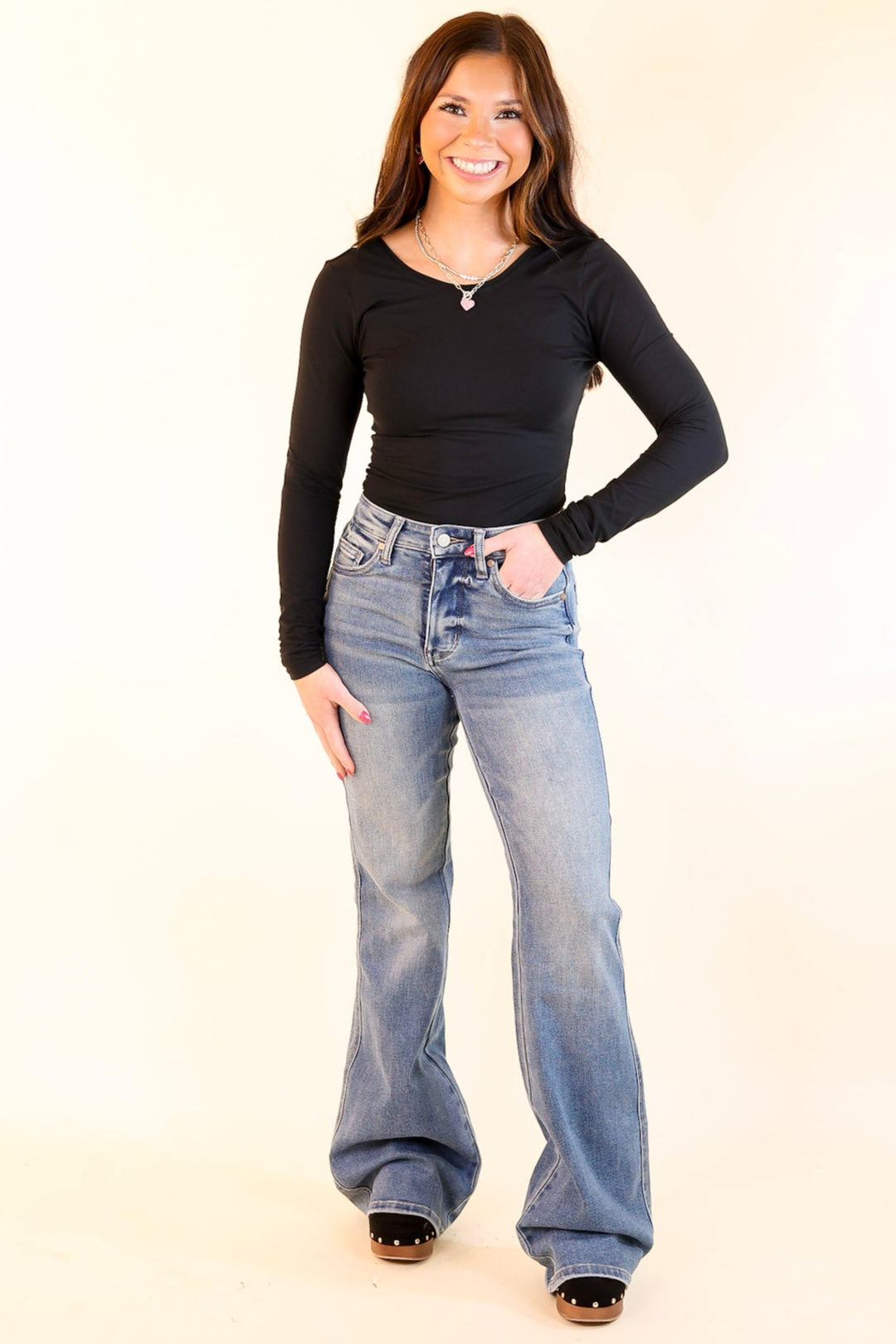 Judy Blue | Ready to Roll Tummy Control Flare Jean with Shield Back Pockets in Vintage Medium Wash