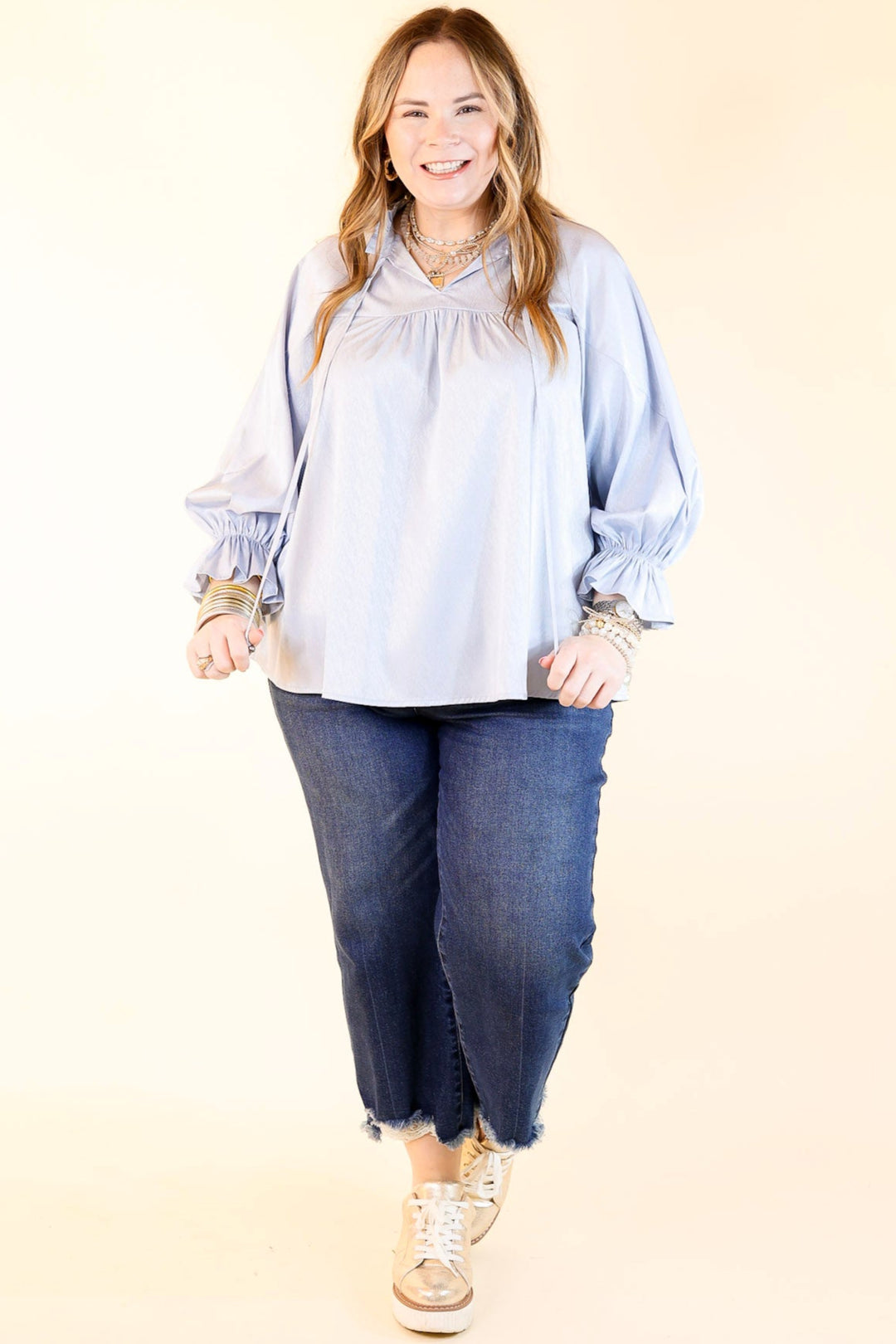 Sunset Situation Front Tie Keyhole Blouse in Light Blue