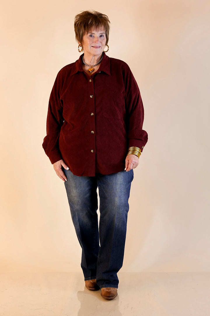 Captivating Cuteness Corduroy Button Up Shacket in Maroon