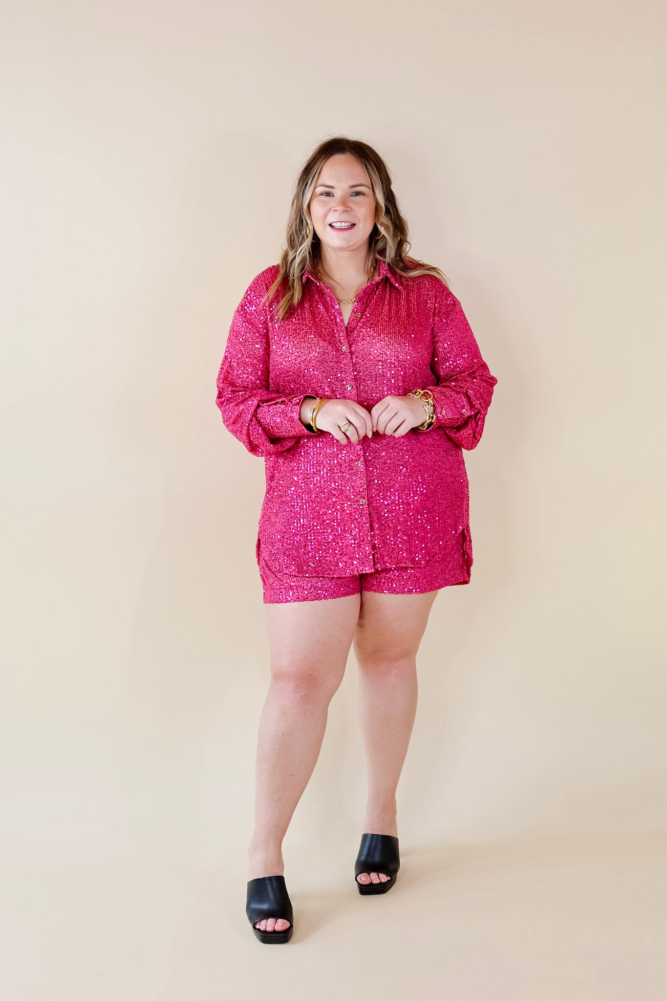 Little Miss Perfect Sequin Button Up Top in Fuchsia Pink - Giddy Up Glamour Boutique