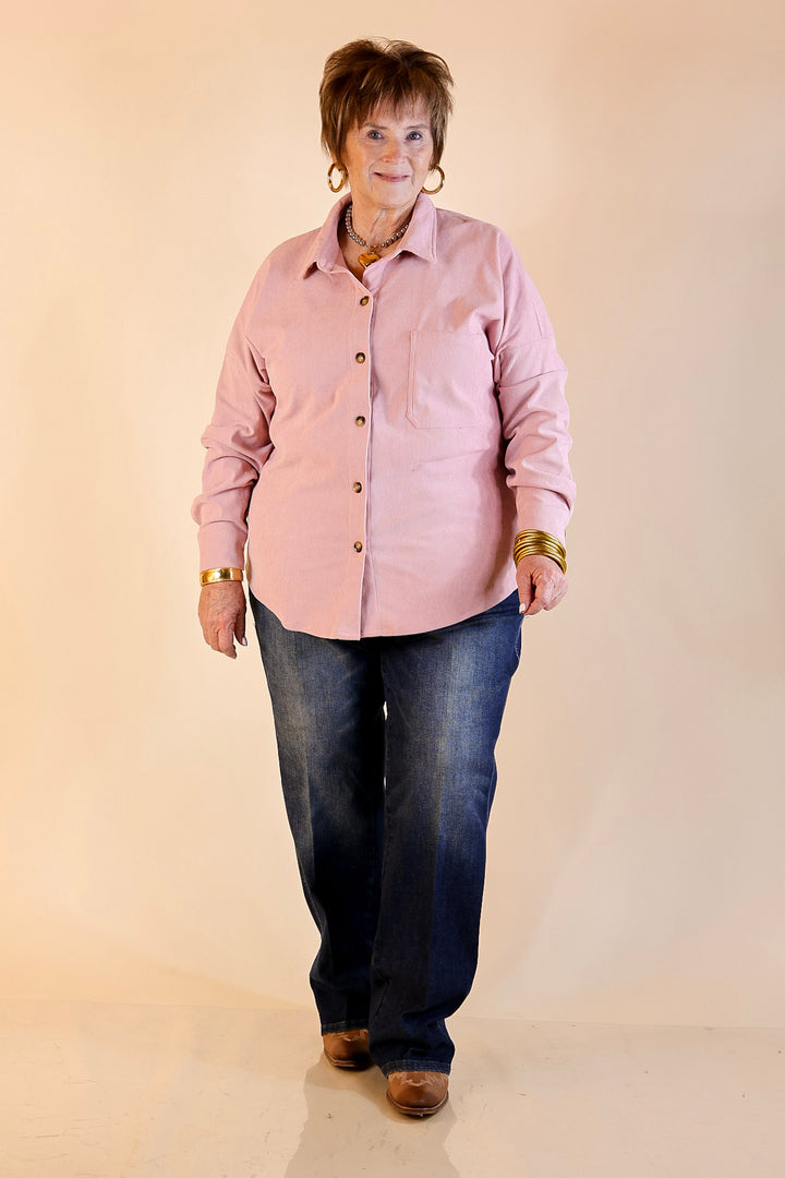 Captivating Cuteness Corduroy Button Up Shacket in Light Pink