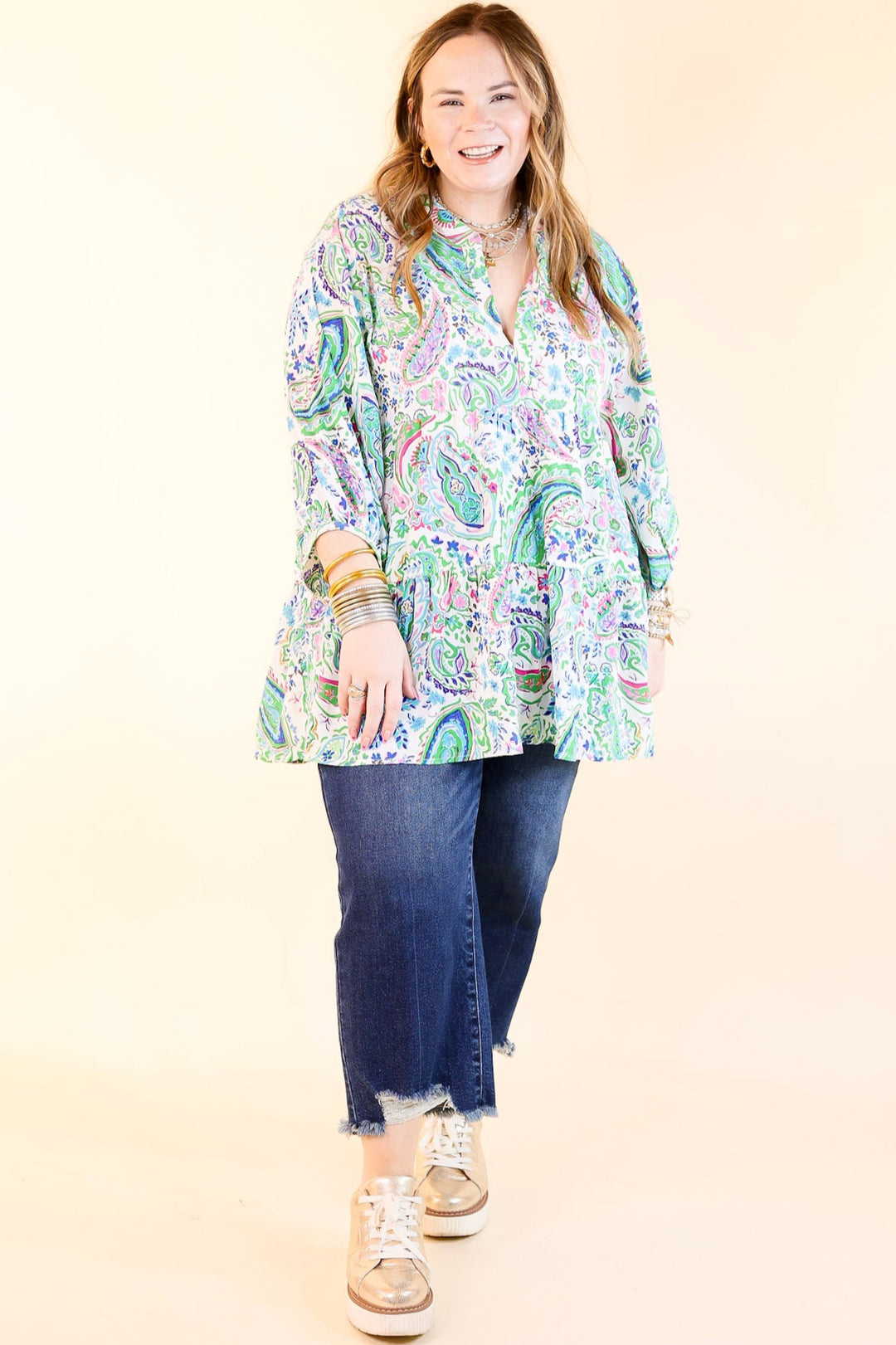 Meadow Melody Paisley Tiered Babydoll Top in Green Mix