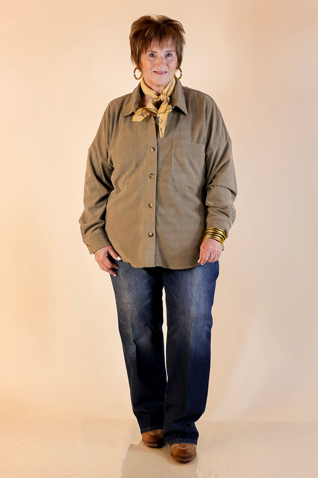 Captivating Cuteness Corduroy Button Up Shacket in Olive Green
